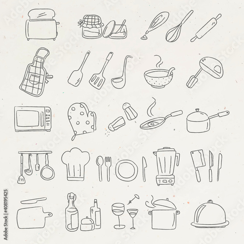 Cute kitchen utensils doodle sticker set vector