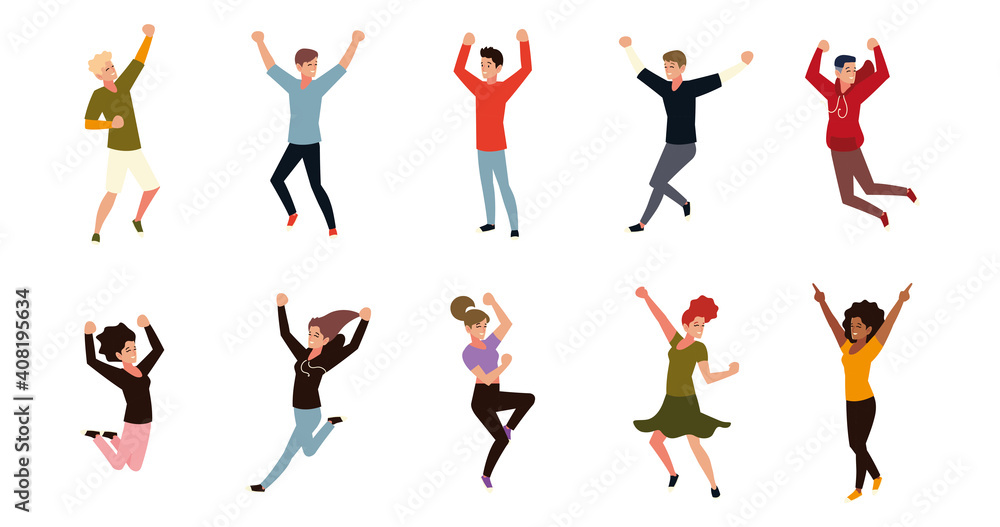 happy people celebrating, jumping men and women celebration set happy people celebrating, jumping men and women celebration set