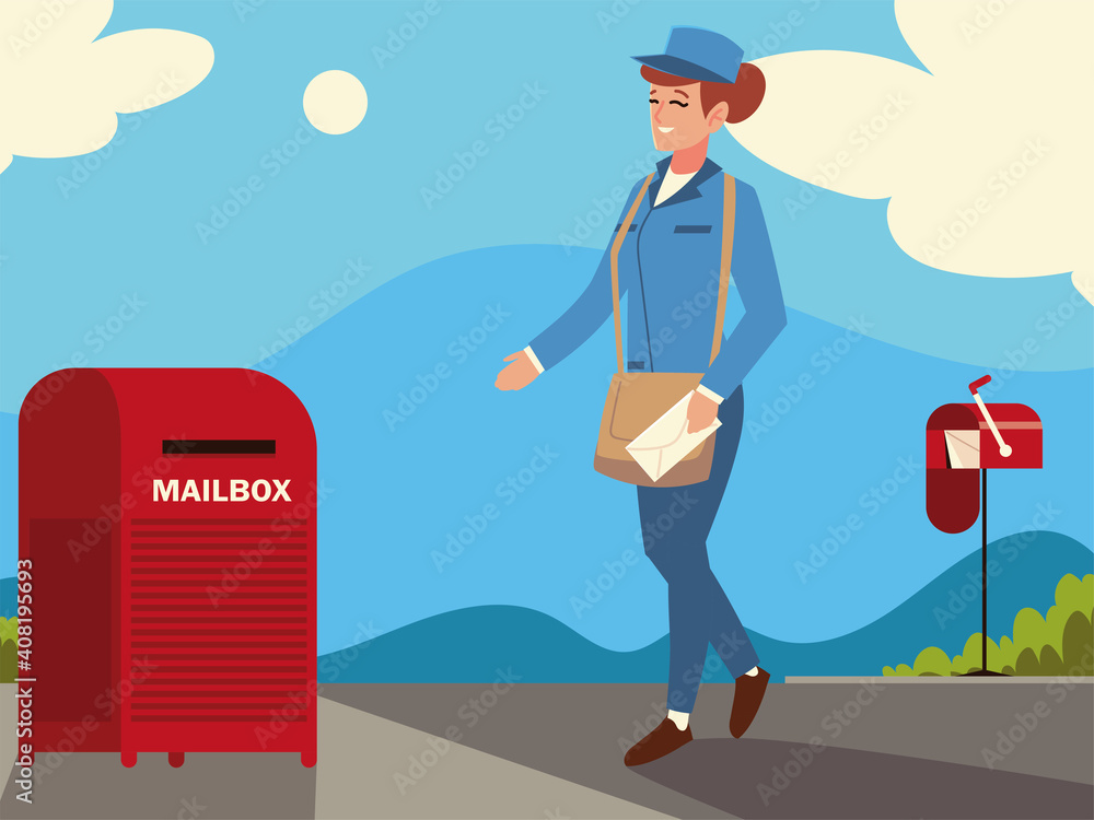 postal service worker woman with envelope and mailbox in street postal service worker woman with envelope and mailbox in street