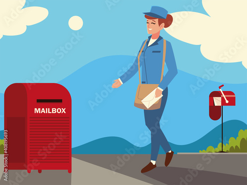 postal service worker woman with envelope and mailbox in street