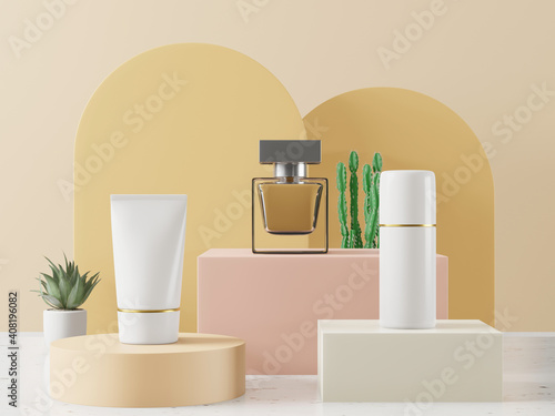 A mock up of couple realistic white blank cosmetic tube and bottle isolated on light yellow background with trees  3d rendering   3D illustration