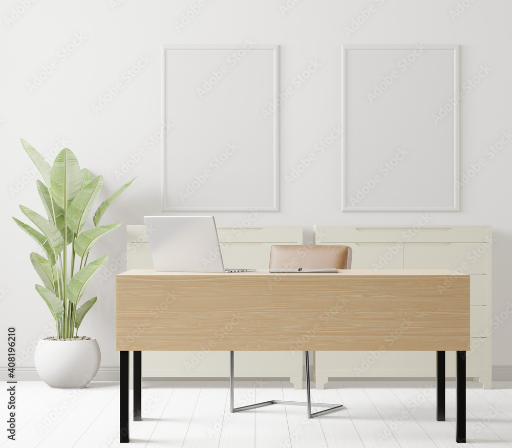 A couple of mock up poster frame in modern interior background behind of table in office room with a tree, 3D render, 3D illustration A couple of mock up poster frame in modern interior background behind of table in office room with a tree, 3D render, 3D illustration