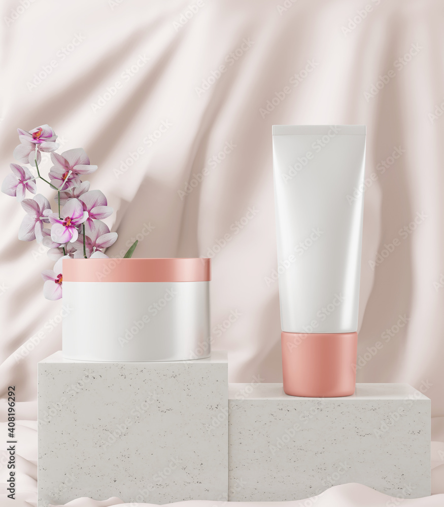 A mock up of couple realistic White blank cosmetic tube and jar isolated on light background with flower, 3d rendering , 3D illustration A mock up of couple realistic White blank cosmetic tube and jar isolated on light background with flower, 3d rendering , 3D illustration