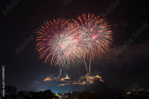Huge beautiful firework over Khao Wang palace ,Phra Nakhon Khiri Historical Park, Petchaburi, Thailand