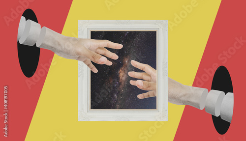 Digital collage modern art, Two Hand reaching through retro picture frame