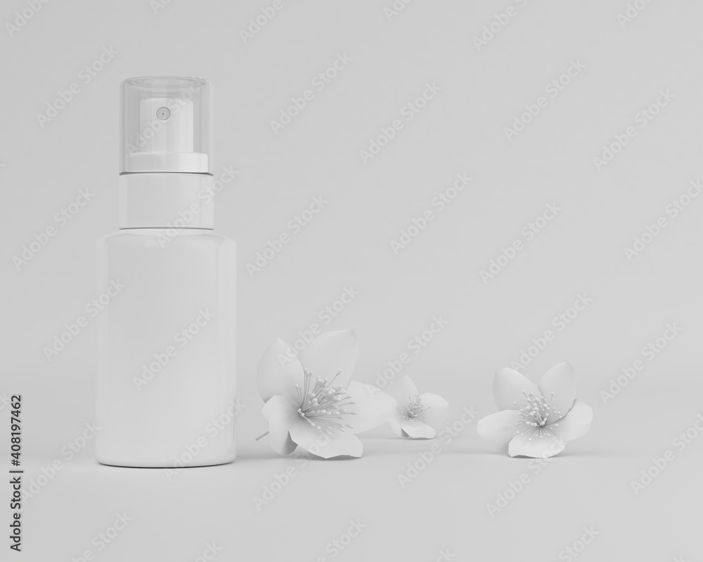 A mock up of realistic White blank spray bottle isolated on light background, 3d rendering , 3D illustration A mock up of realistic White blank spray bottle isolated on light background, 3d rendering , 3D illustration