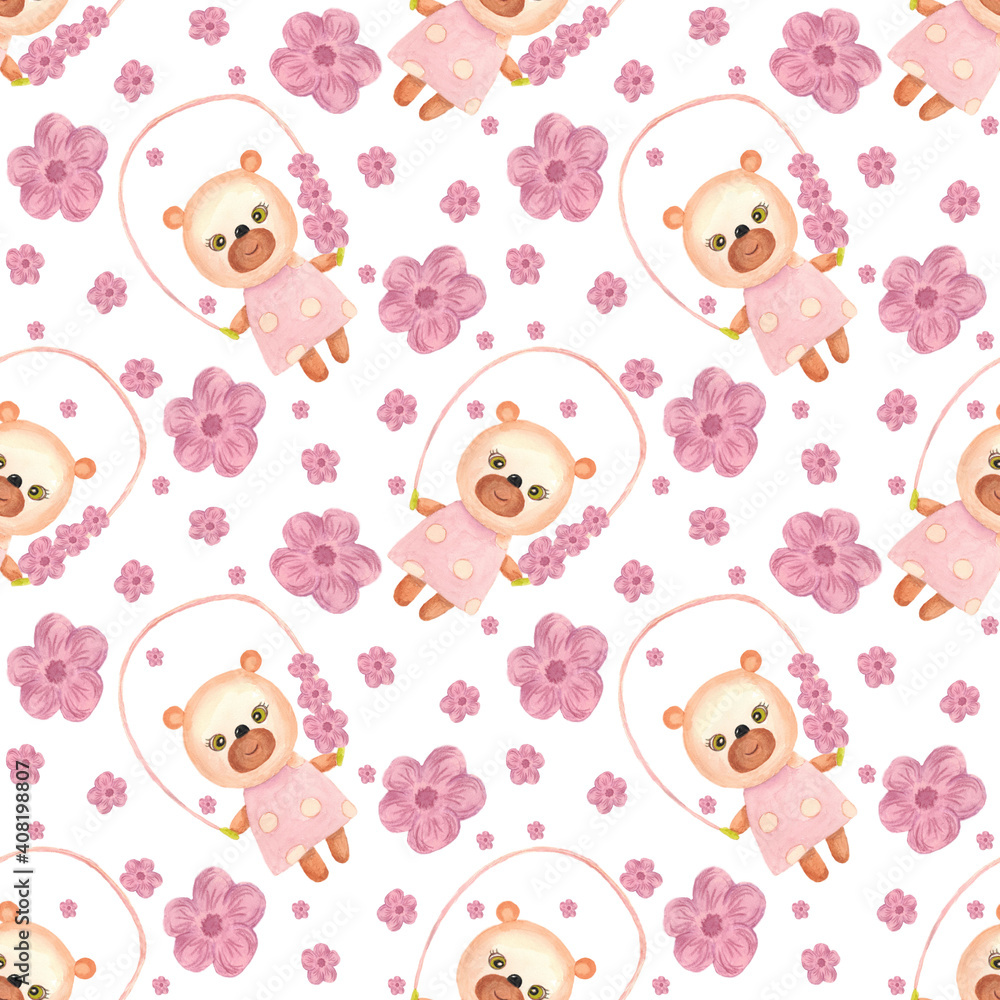 Bear cub and pink flowers. Seamless pattern with white background. the bear cub jumps on a rope. The illustration is hand-drawn in watercolour. It can be used for children's fabrics, packaging paper. Bear cub and pink flowers. Seamless pattern with white background. the bear cub jumps on a rope. The illustration is hand-drawn in watercolour. It can be used for children's fabrics, packaging paper.