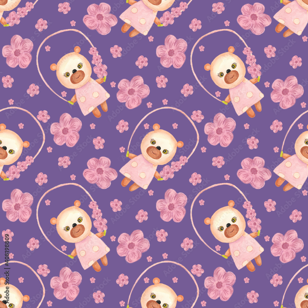 Cute little bear and pink flowers. Seamless pattern with purple background. The bear cub jumps on a rope. The illustration is hand-drawn in watercolour. It can be used for children's fabrics. Cute little bear and pink flowers. Seamless pattern with purple background. The bear cub jumps on a rope. The illustration is hand-drawn in watercolour. It can be used for children's fabrics.