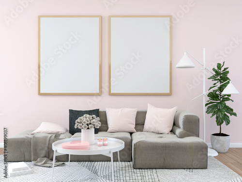 Home interior, luxury modern living room interior, light pink wall with couple of mock up poster frame, couch and coffee table and a tree, 3d rendering