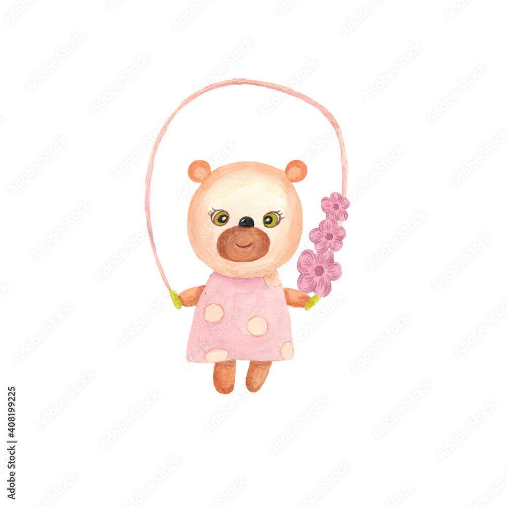 The bear cub is jumping rope. Clipart hand-drawn in watercolor. Cute illustration for children. The bear cub is jumping rope. Clipart hand-drawn in watercolor. Cute illustration for children.