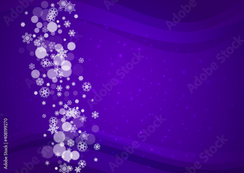 Snowflake border with ultra violet snow. New Year backdrop. Winter frame for gift coupons, vouchers, ads, party events. Christmas trendy background. Holiday banner with snowflake border