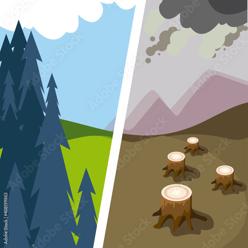 forest before and after deforestation, pollution environmental