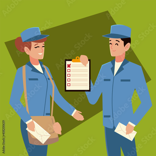 postal service postman and woman characters with envelopes and clipboard
