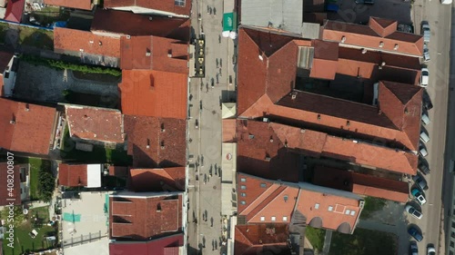 Ivanjica, Serbia, Birdseye Aerial View, Downtown Pedestrian Street and Buildings on Sunny Summer Day, Top Down Drone Shot photo