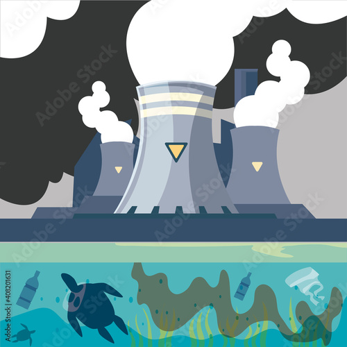 polluting factory with steam chimney and water pipe drain