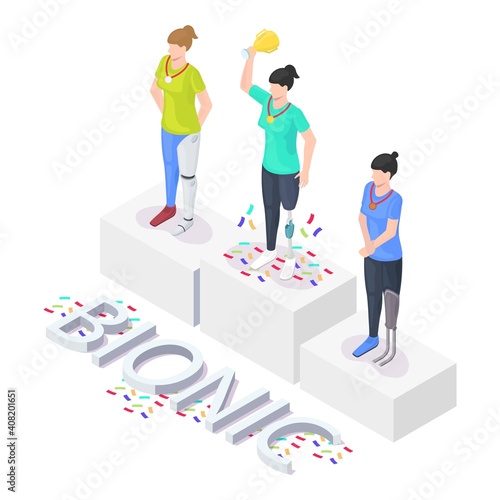 Isometric female characters, top three competitors of sport event using bionic limbs, leg prosthetics standing on winner podium, flat vector illustration. Bionics technologies.