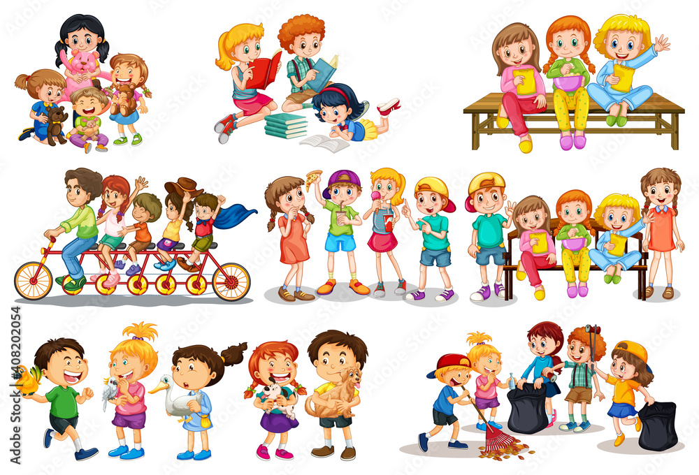 Set of different kid playing with their toys cartoon character isolated on white background Set of different kid playing with their toys cartoon character isolated on white background