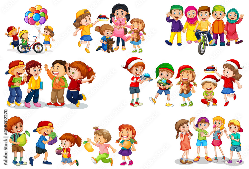 Set of different kid playing with their toys cartoon character isolated on white background Set of different kid playing with their toys cartoon character isolated on white background
