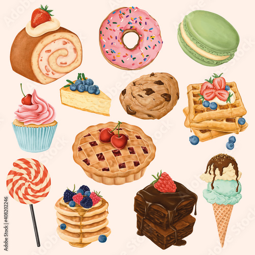 Delicious hand painted desserts vector set