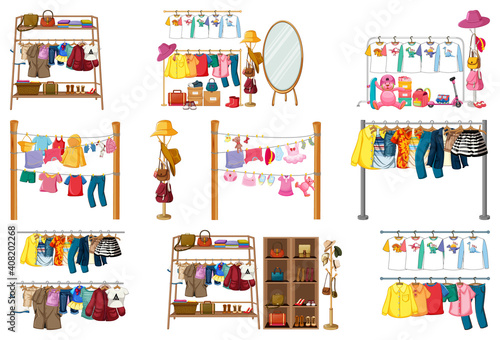 Set of clothes, accessories and wardrobe isolated on white background