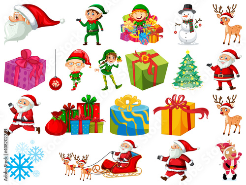 Set of Santa Claus cartoon character and Christmas objects isolated on white background
