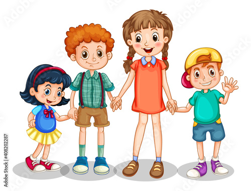 Group of young children cartoon character on white background