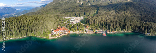 Panoramic aerial view of Eibsee lake side cable car station by Zugspitze in Germany © Davidzfr