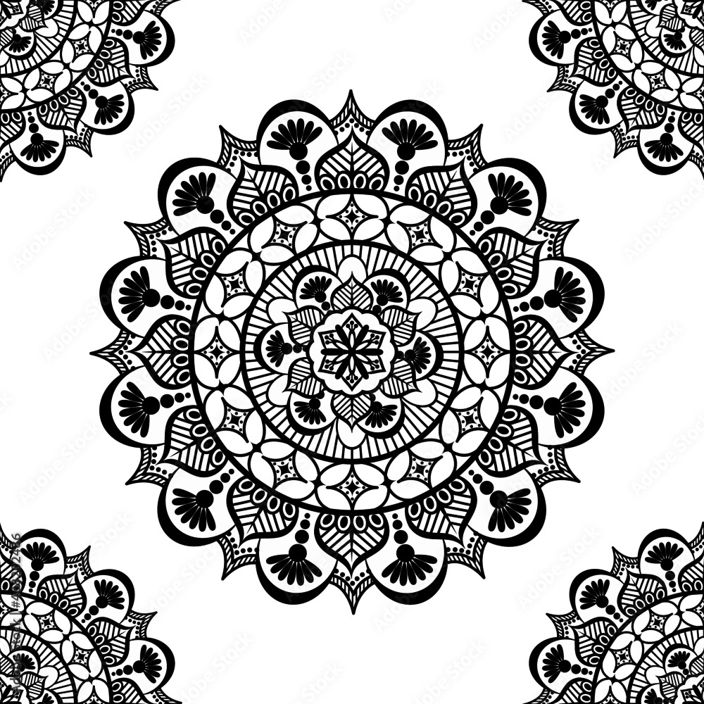 Hand-drawn mandala with ethnic floral doodle pattern. Coloring page