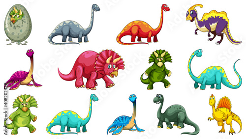 Set of different dinosaur cartoon character isolated on white background
