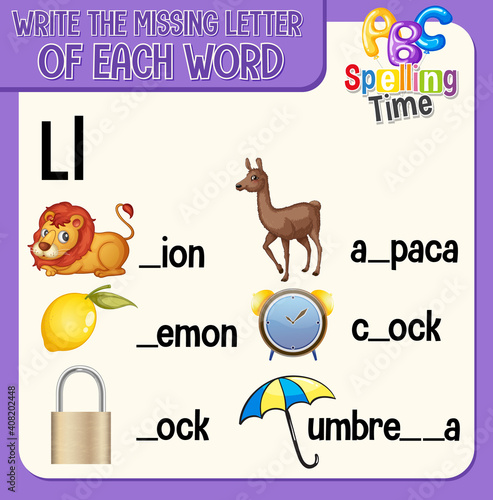 Fill the missing letter of each word worksheet for children