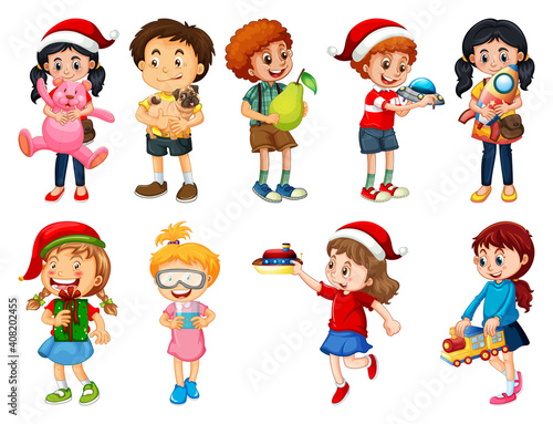 Set of different kid playing with their toys cartoon character isolated on wh...