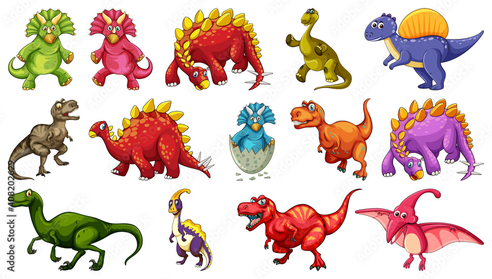 Set of different dinosaur cartoon character isolated on white background Set of different dinosaur cartoon character isolated on white background