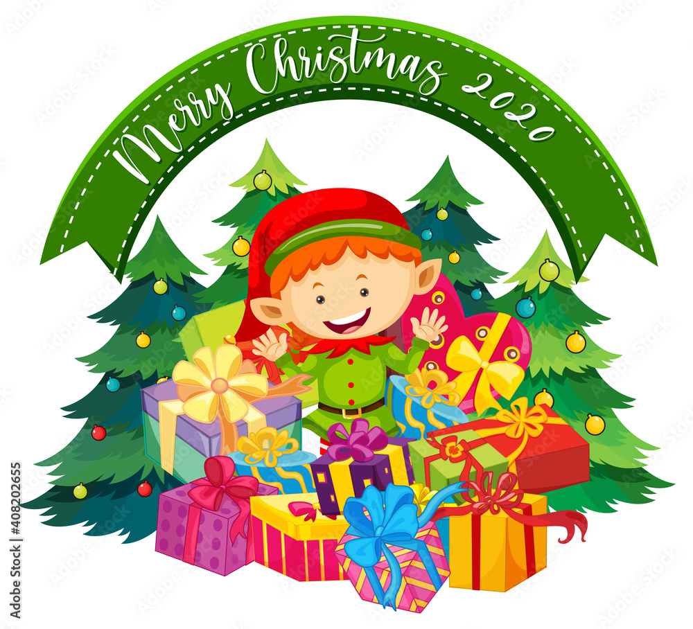 Merry Christmas 2020 font banner with cute elf and many gifts on white background Merry Christmas 2020 font banner with cute elf and many gifts on white background