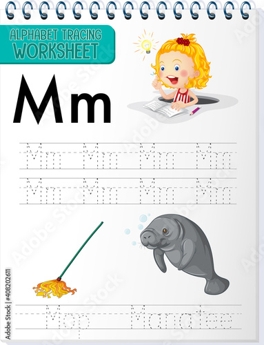 Alphabet tracing worksheet with letter and vocabulary
