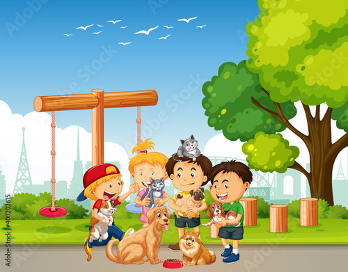 Group of pet with owner in playground scene