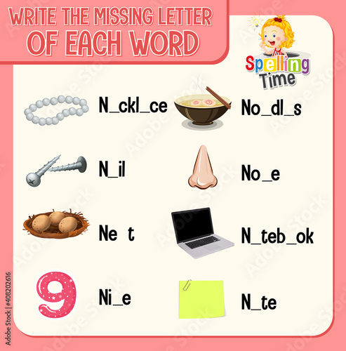 Write the missing letter of each word worksheet for children