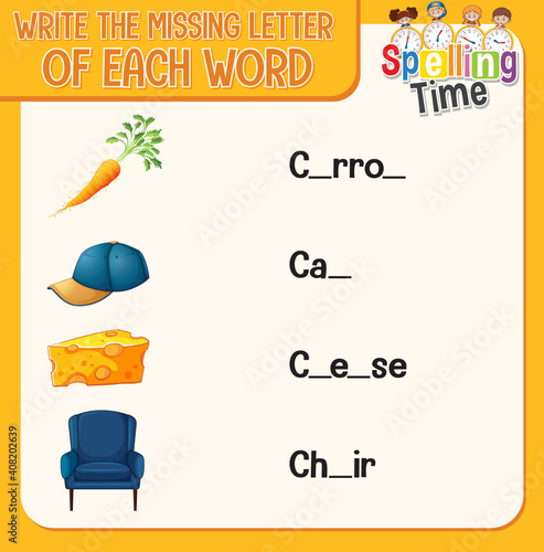 Write the missing letter of each word worksheet for children