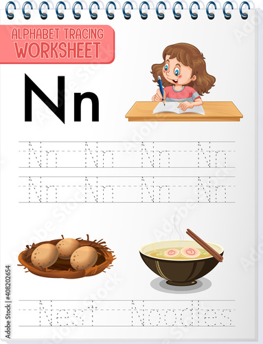 Alphabet tracing worksheet with letter and vocabulary