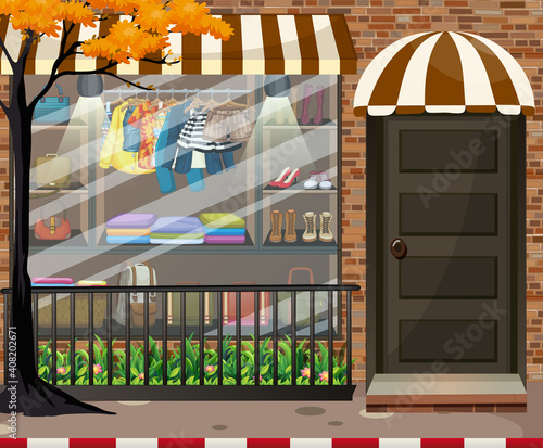 Front of clothing store showcase with clothes and accessories