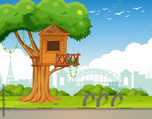 Park outdoor scene with tree house