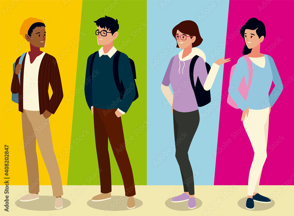 Fototapeta premium students male and female characters with backpacks, colored background