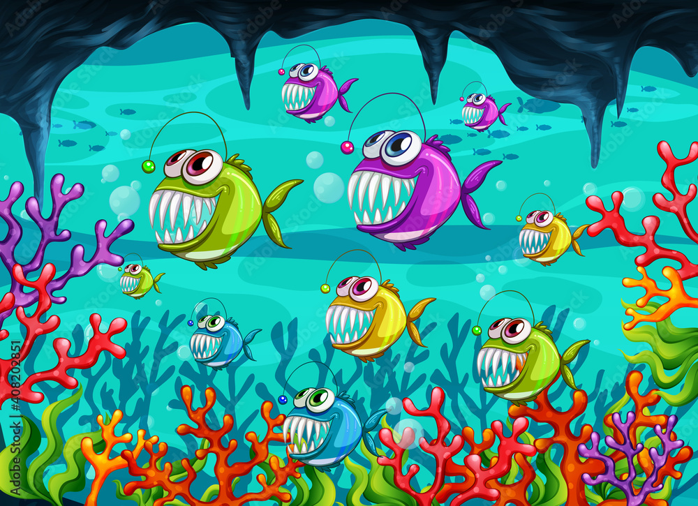 Naklejka premium Angler fishes cartoon character in the underwater scene with corals