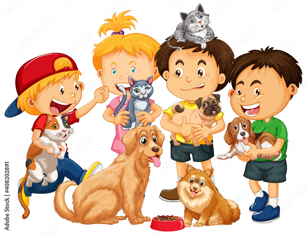 Children playing with dogs and cats isolated on white background