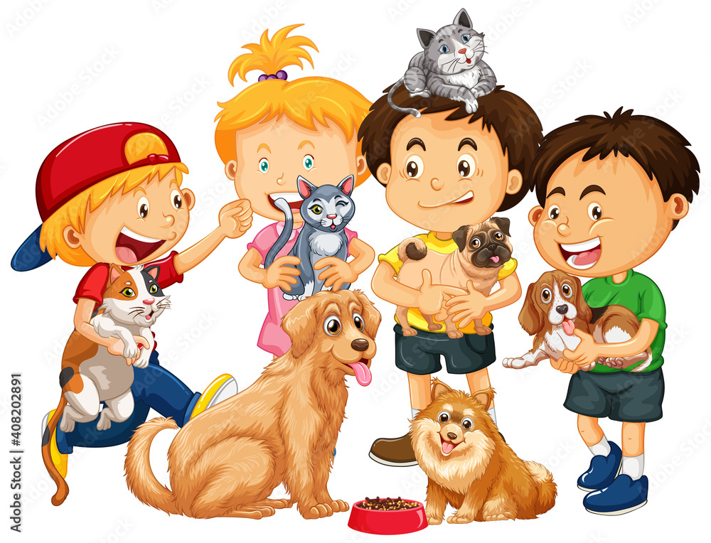 Children playing with dogs and cats isolated on white background Children playing with dogs and cats isolated on white background