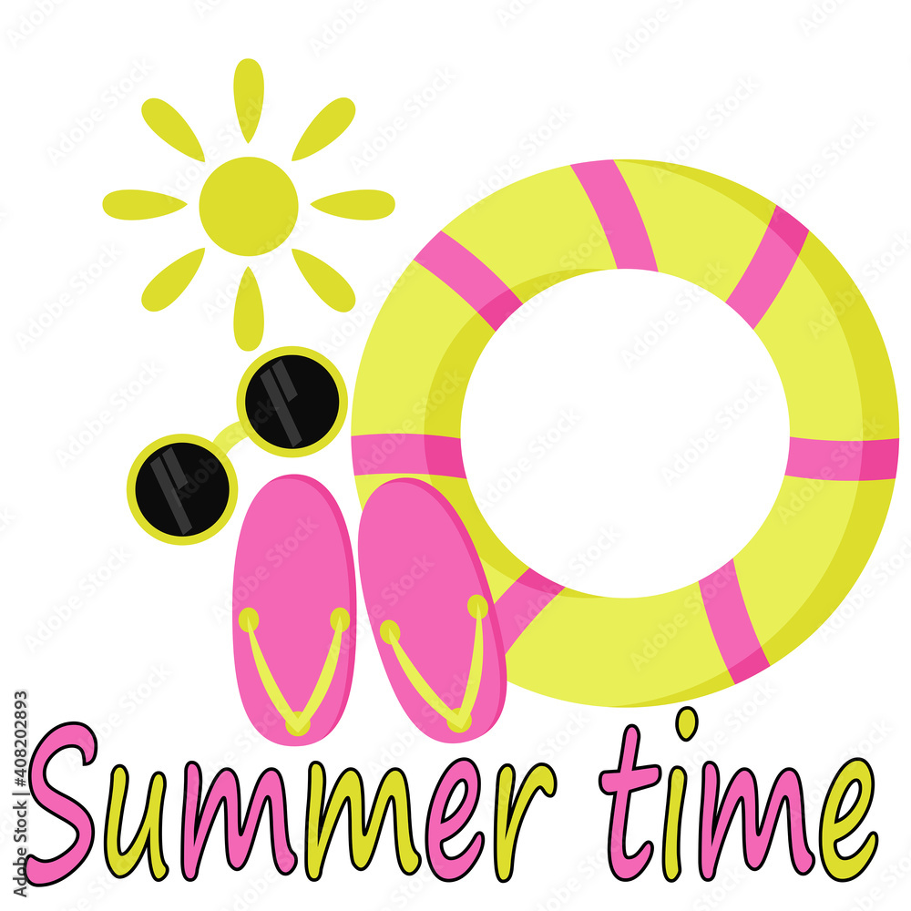Summer time, bright flip flops, swimming circle and goggles summer theme lettering for design or booklet Summer time, bright flip flops, swimming circle and goggles summer theme lettering for design or booklet