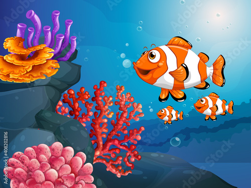 Fototapeta Naklejka Na Ścianę i Meble -  Many exotic fishes cartoon character in the underwater scene with corals