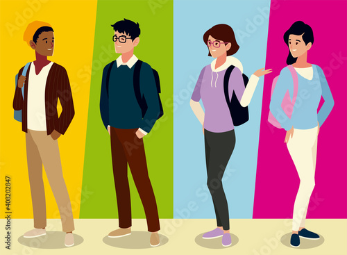 students male and female characters with backpacks, colored background