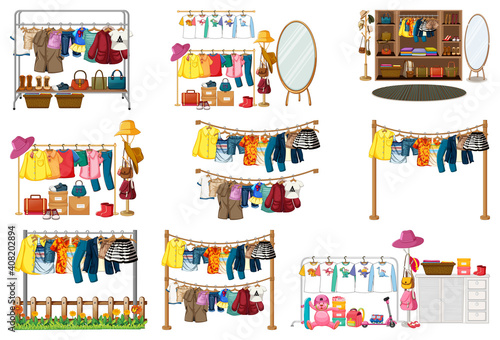 Set of clothes, accessories and wardrobe isolated on white background