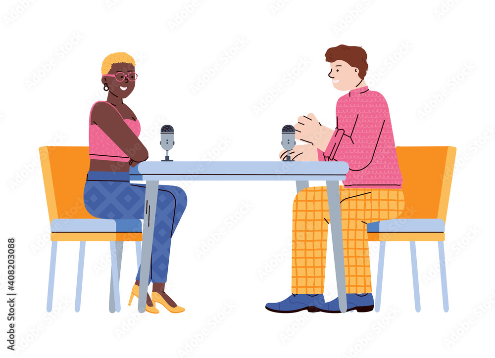 Radio podcast interview scene with man and woman characters sitting at table with microphones, cartoon vector illustration isolated on white background.