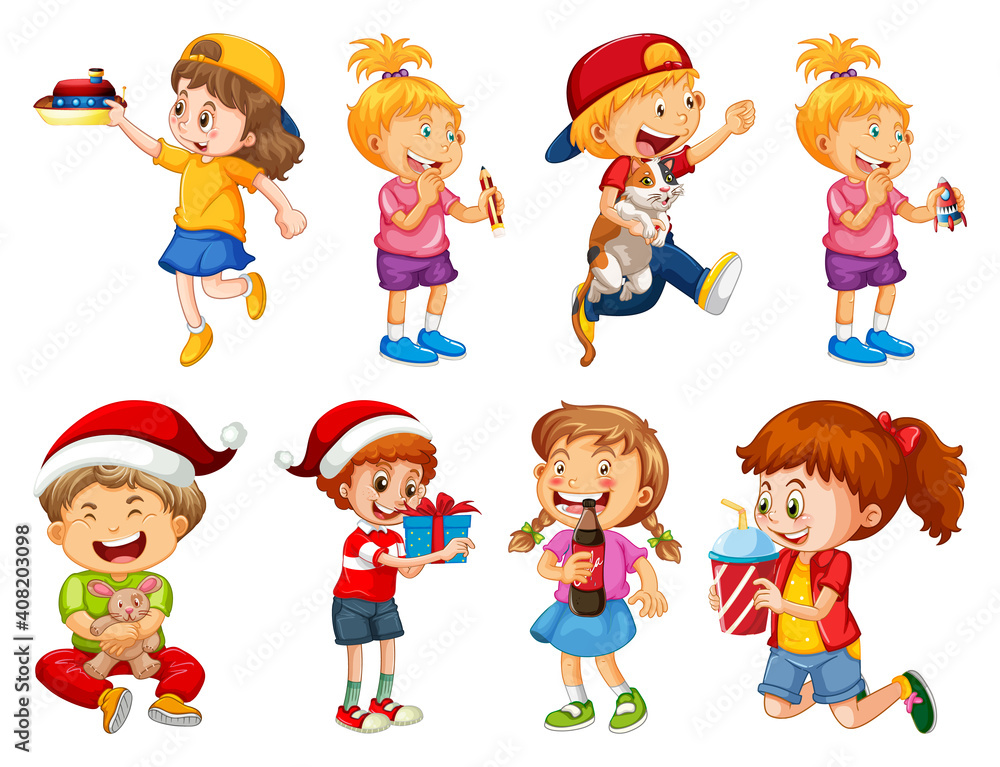 Set of different kid playing with their toys cartoon character isolated on white background Set of different kid playing with their toys cartoon character isolated on white background